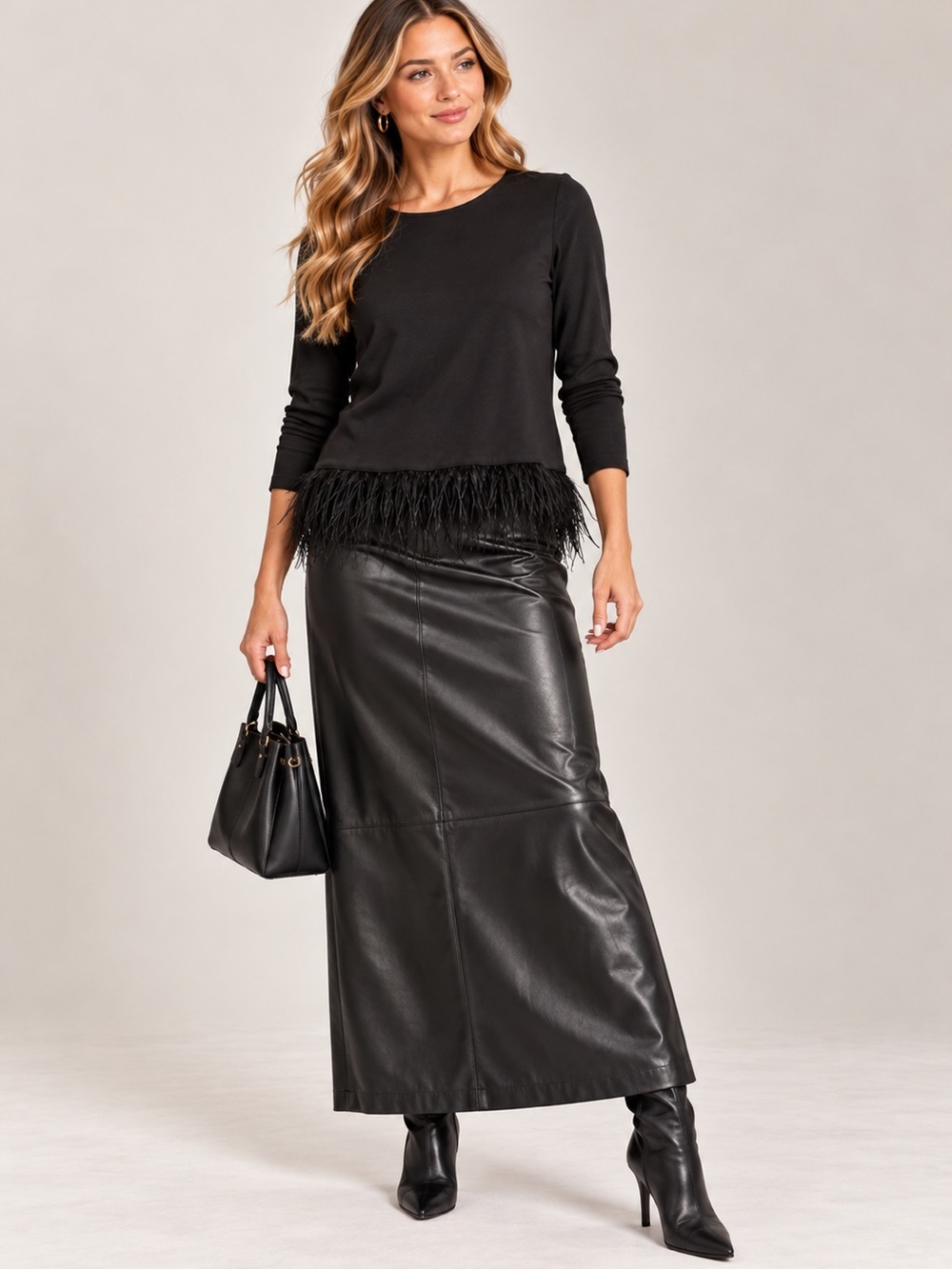 Black Feather-Hem 3/4 Long Sleeve Top